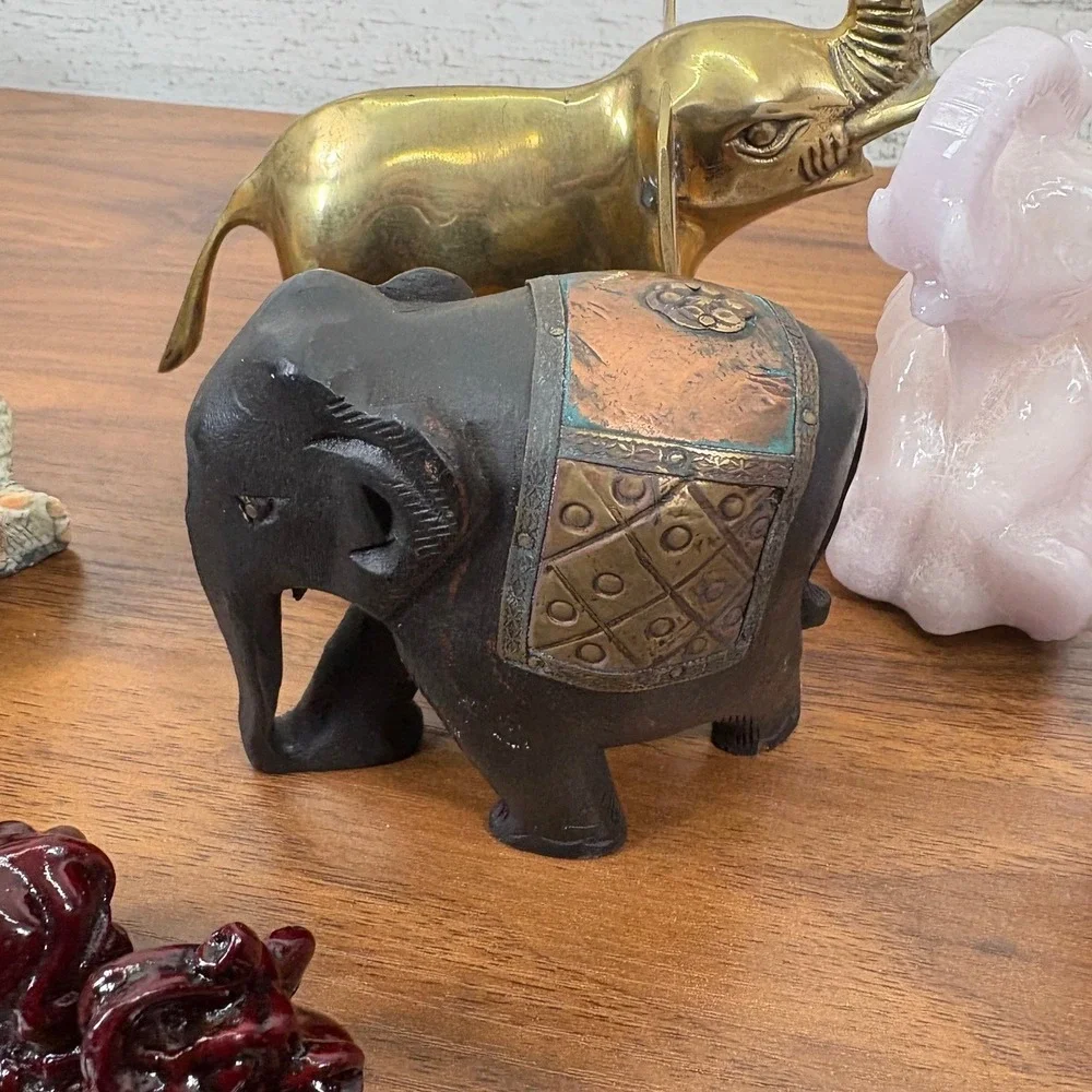 Vintage Elephants Red Resin Chinese Feng Shui, Brass, Two Candles Lot of‎ 12